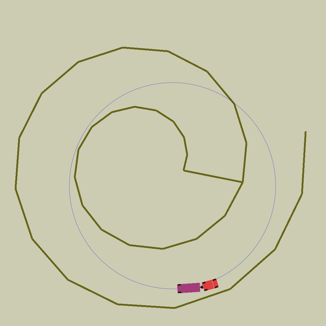A blocky spiral path: 16 segments around a full loop. The trailer started at the open end on the right side, and is backing clockwise down around the bottom.  The truck is a red rectangl with black wheels, the trailer is a longer purple rectangle. A blue circle shows the trailer's path and it needs to be steered outwards a little or it's going to brush the inside wall farther along.