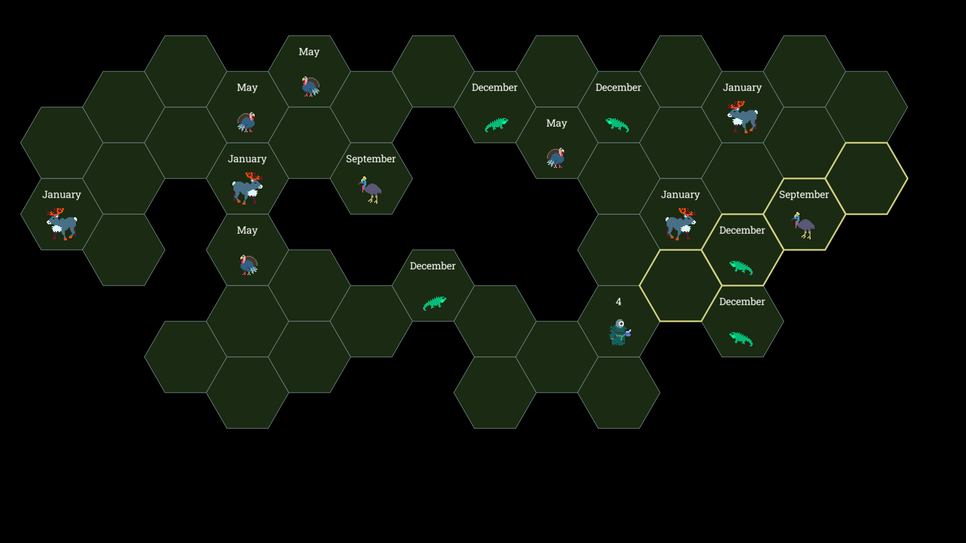 an island of dark green hexagons with animals in them for four
different months: reindeer and turkeys for January and May (code
0) and cassowaries and iguanas for September and December (code
4). A faceless monk is targeting an iguana and a cassowary with
the number 4